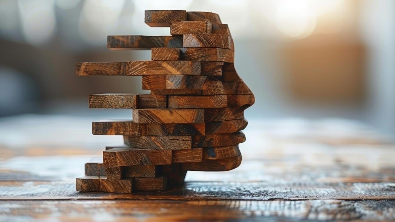 Creative Wooden Blocks Stacked in a Human Head Shape on Rustic Table