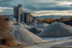 cement plants Hills of gravel rise beneath an expansive sky at a quiet construction site in the countryside