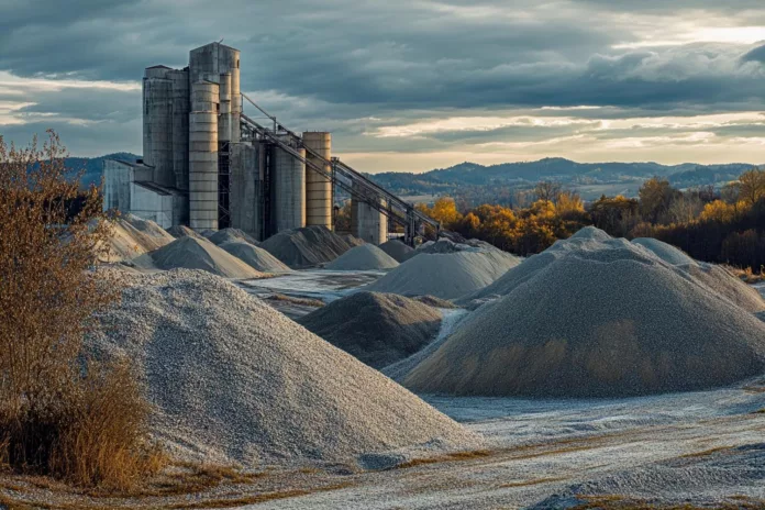 cement plants Hills of gravel rise beneath an expansive sky at a quiet construction site in the countryside